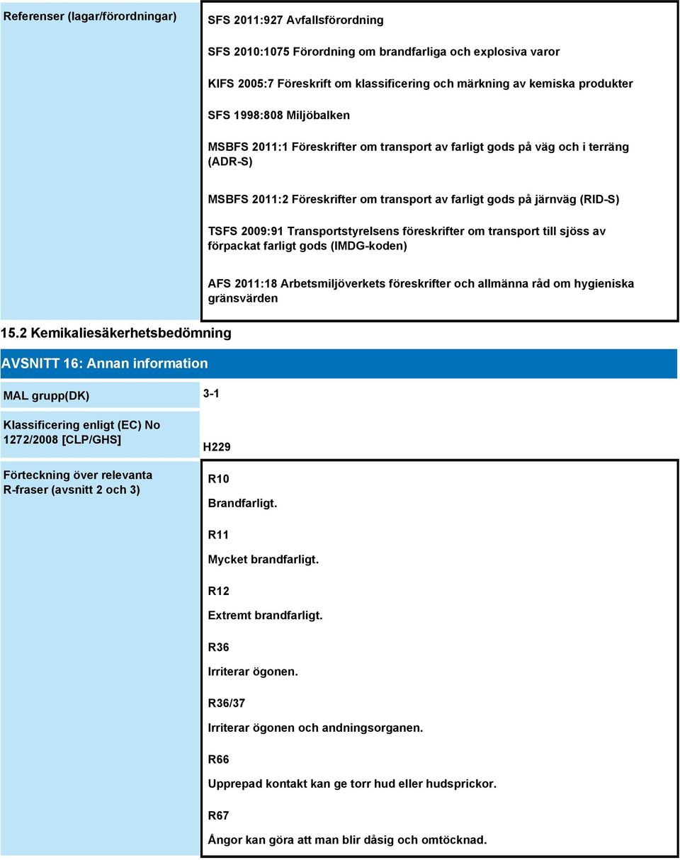 Transportstyrelsens föreskrifter om transport till sjöss av förpackat farligt gods (IMDG-koden) AFS 2011:18 Arbetsmiljöverkets föreskrifter och allmänna råd om hygieniska gränsvärden 15.