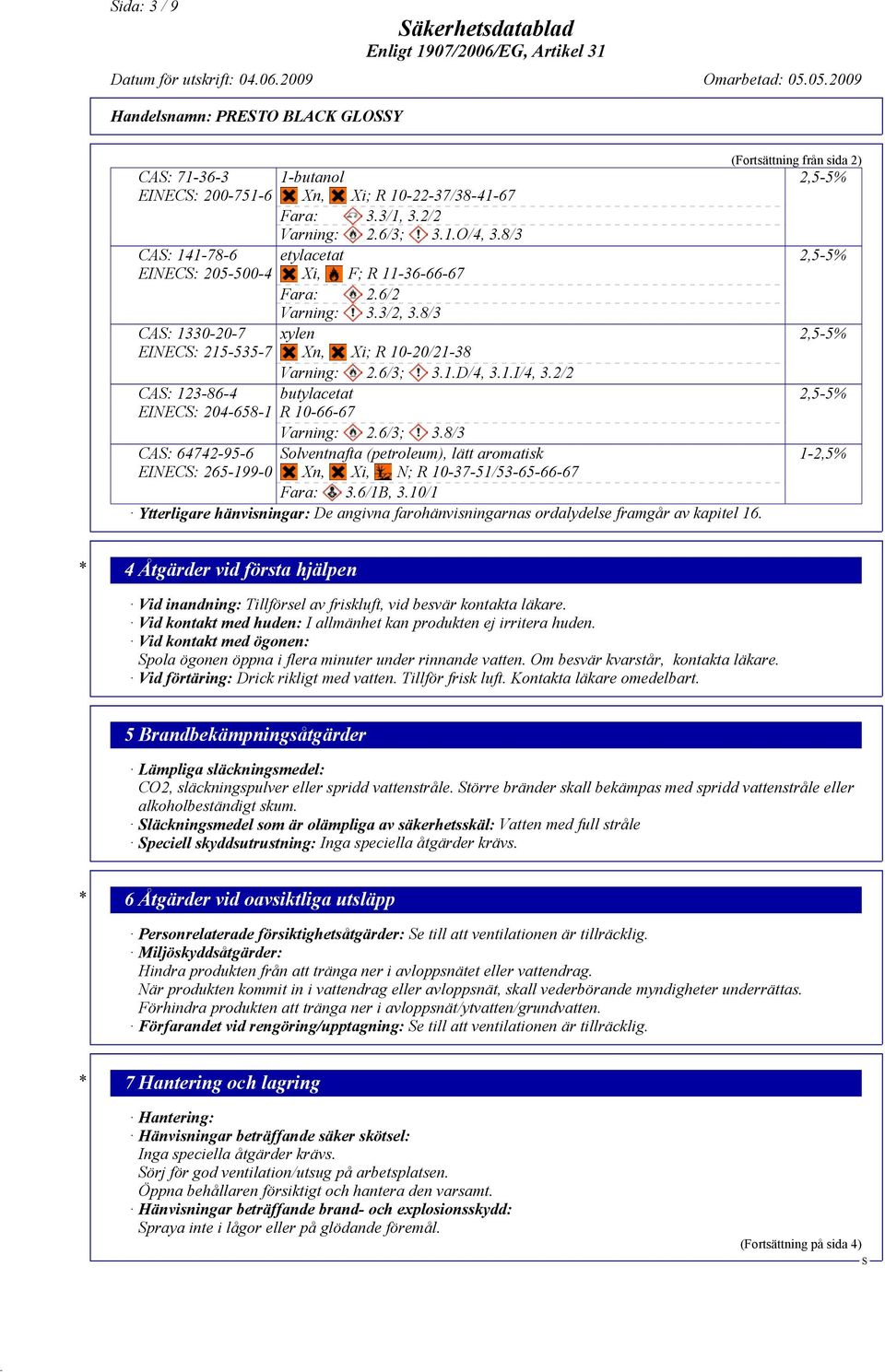 8/3 xylen Xn, Xi; R 10-20/21-38 Varning: 2.6/3; 3.1.D/4, 3.1.I/4, 3.2/2 butylacetat R 10-66-67 Varning: 2.6/3; 3.8/3 olventnafta (petroleum), lätt aromatisk Xn, Xi, N; R 10-37-51/53-65-66-67 Fara: 3.