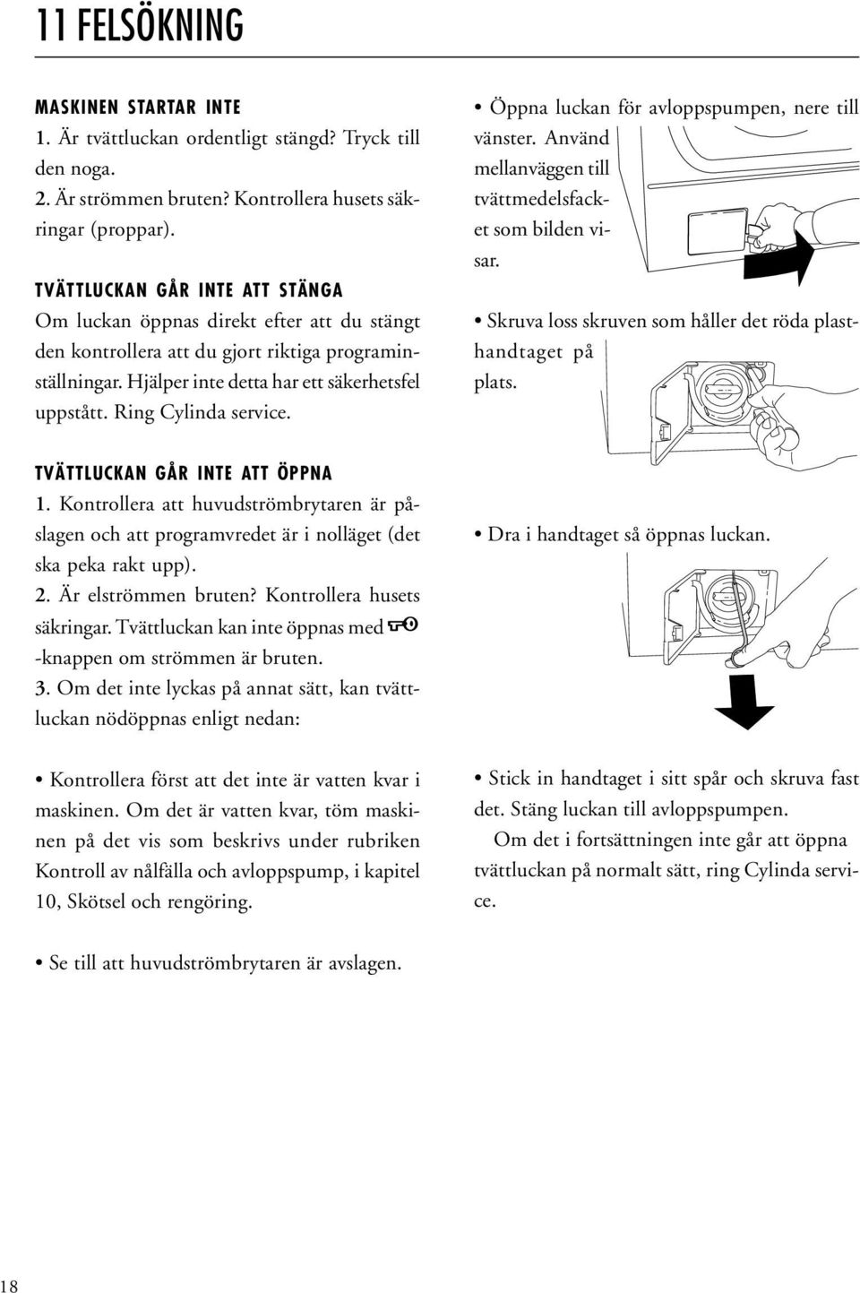 Ring Cylinda service. Öppna luckan för avloppspumpen, nere till vänster. Använd mellanväggen till tvättmedelsfacket som bilden visar. Skruva loss skruven som håller det röda plasthandtaget på plats.
