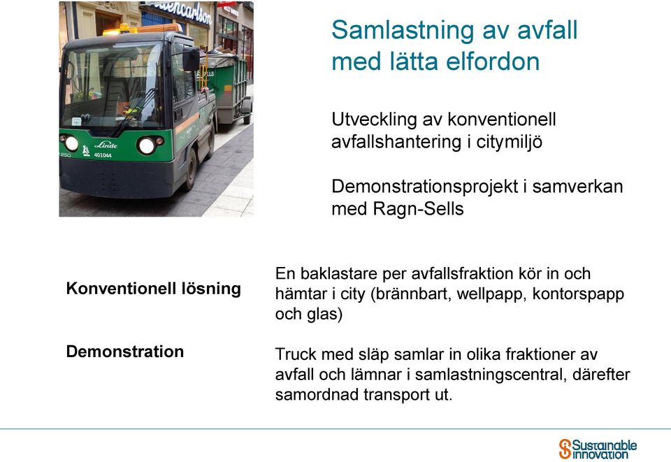 per avfallsfraktion kör in och hämtar i city (brännbart, wellpapp, kontorspapp och glas) Truck med