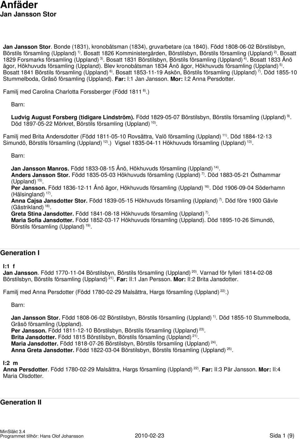 Bosatt 1833 Ånö ägor, Hökhuvuds församling (Uppland). Blev kronobåtsman 1834 Ånö ägor, Hökhuvuds församling (Uppland) 5). Bosatt 1841 Börstils församling (Uppland) 6).