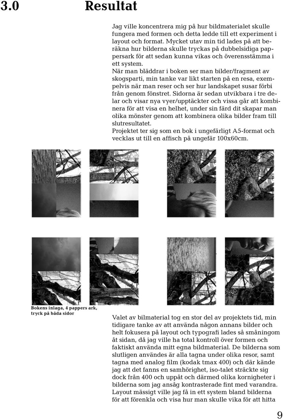 När man bläddrar i boken ser man bilder/fragment av skogsparti, min tanke var likt starten på en resa, exempelvis när man reser och ser hur landskapet susar förbi från genom fönstret.