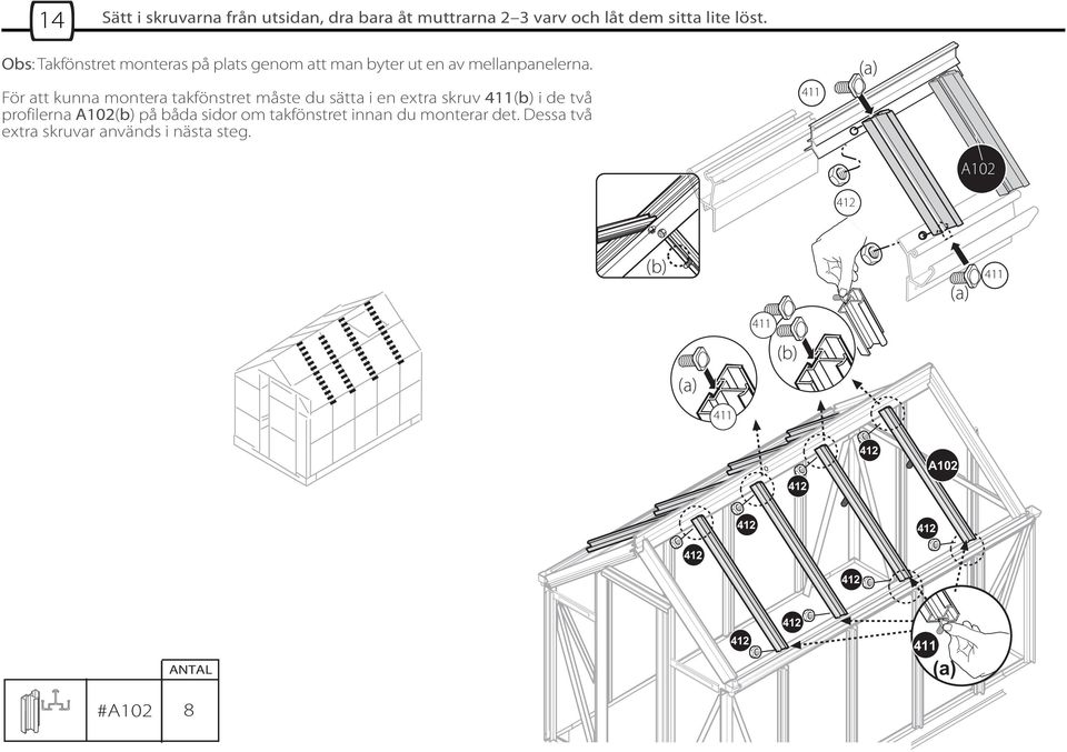 För att kunna montera takfönstret måste du sätta i en extra skruv (b) i de två profilerna A0(b) på