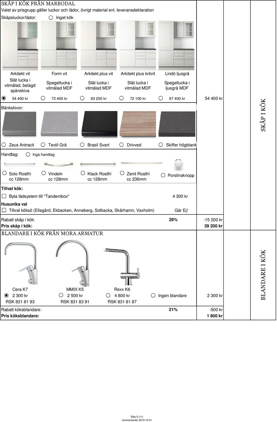 lucka i vitmålad MDF Slät lucka i vitmålad MDF Spegellucka i ljusgrå MDF 54 400 kr Bänkskivor: 73 400 kr 63 200 kr 72 100 kr 97 400 kr 54 400 kr SKÅP I KÖK Zeus Antracit Textil Grå Brasil Svart