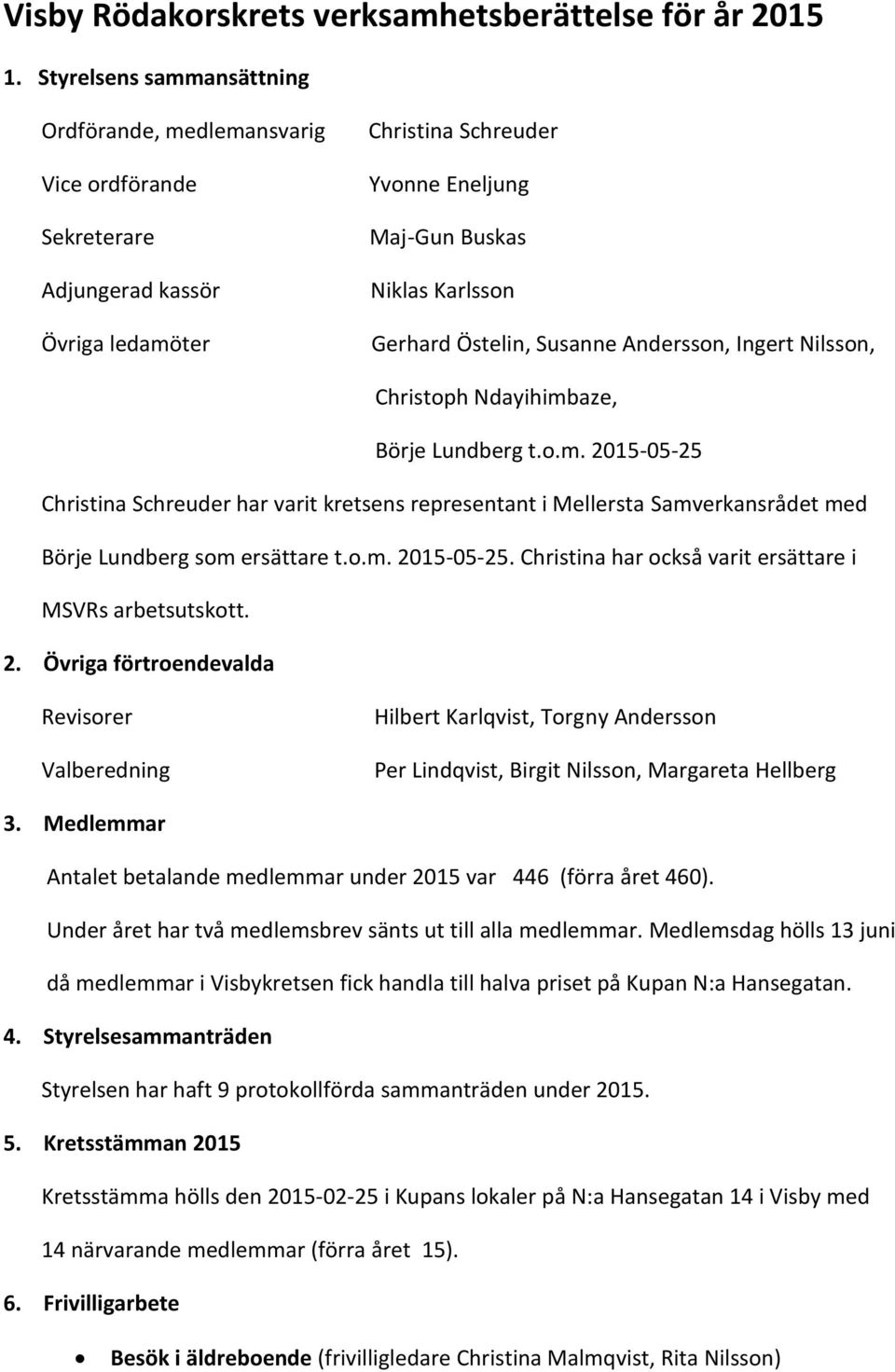 Susanne Andersson, Ingert Nilsson, Christoph Ndayihimbaze, Börje Lundberg t.o.m. 2015-05-25 Christina Schreuder har varit kretsens representant i Mellersta Samverkansrådet med Börje Lundberg som ersättare t.