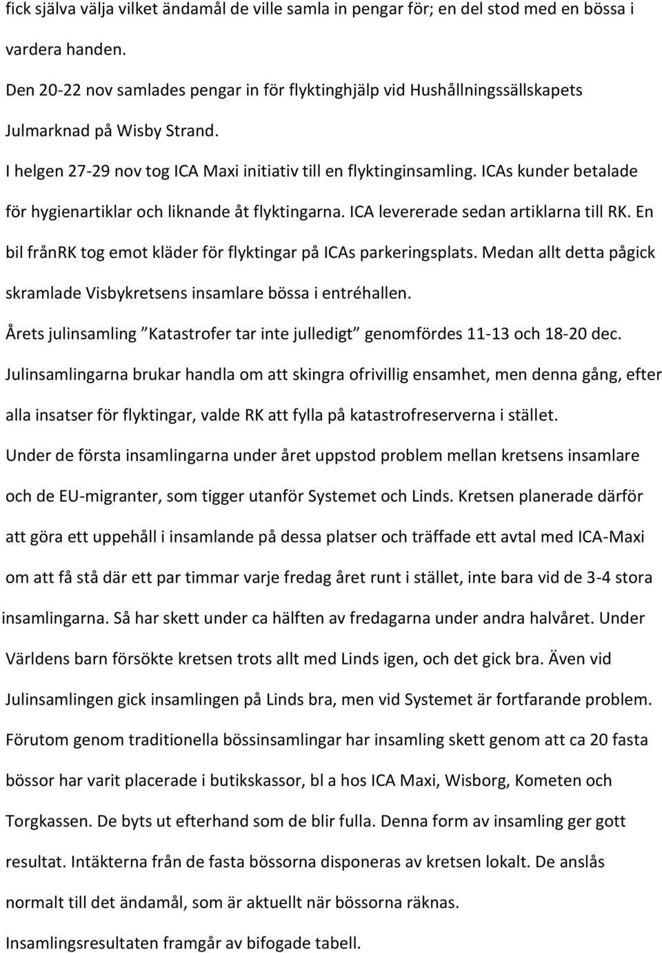 ICAs kunder betalade för hygienartiklar och liknande åt flyktingarna. ICA levererade sedan artiklarna till RK. En bil frånrk tog emot kläder för flyktingar på ICAs parkeringsplats.