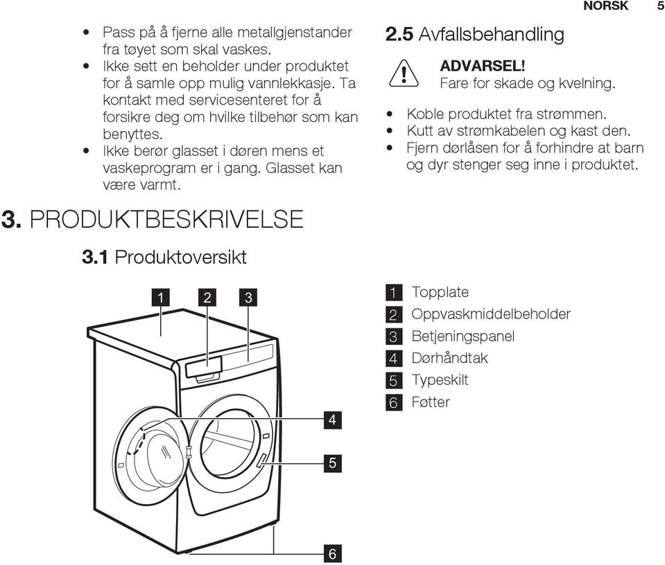 Glasset kan være varmt. 3. PRODUKTBESKRIVELSE 3.1 Produktoversikt 2.5 Avfallsbehandling ADVARSEL! Fare for skade og kvelning. NORSK 5 Koble produktet fra strømmen.