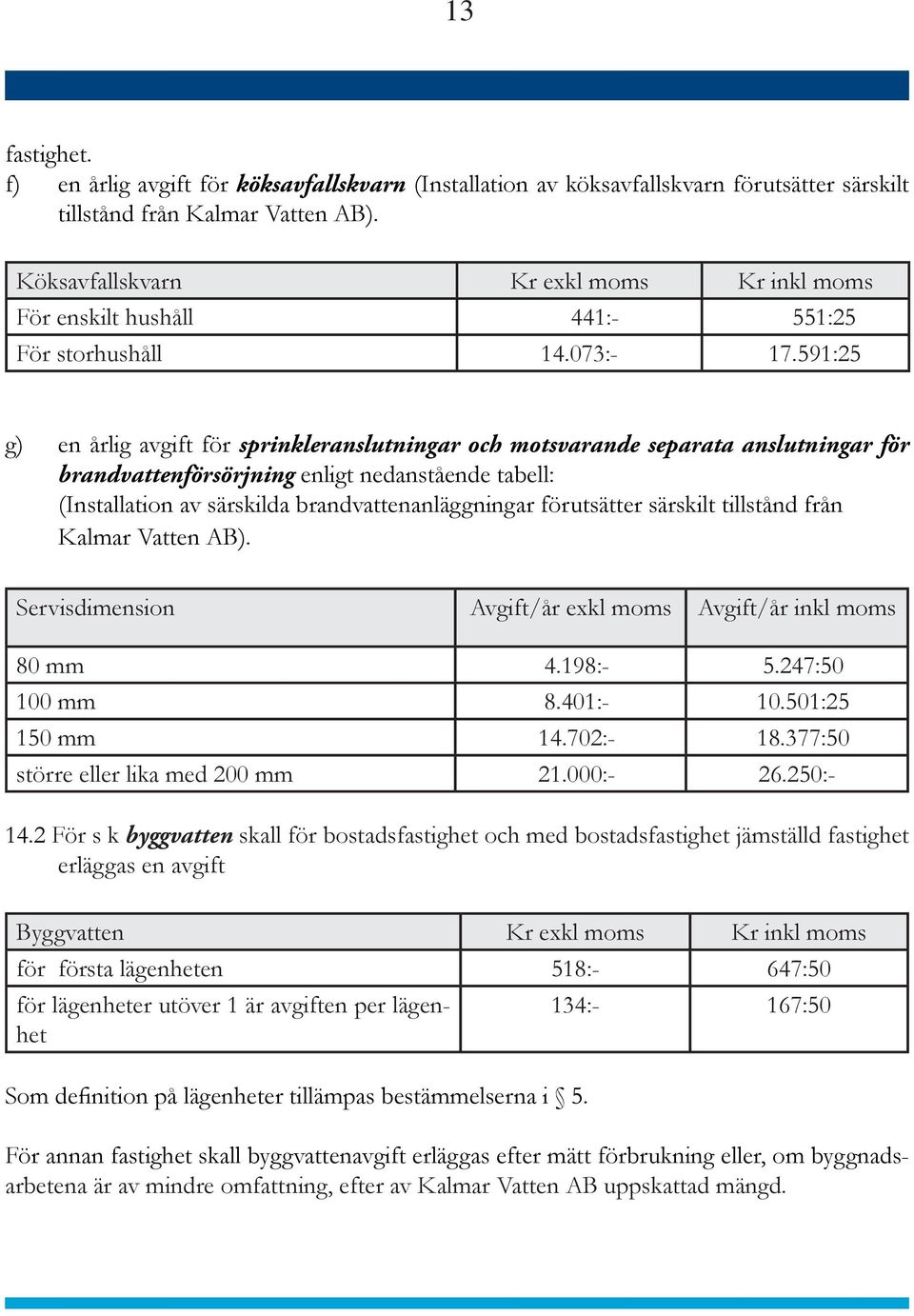 591:25 g) en årlig avgift för sprinkleranslutningar och motsvarande separata anslutningar för brandvattenförsörjning enligt nedanstående tabell: (Installation av särskilda brandvatten anläggningar