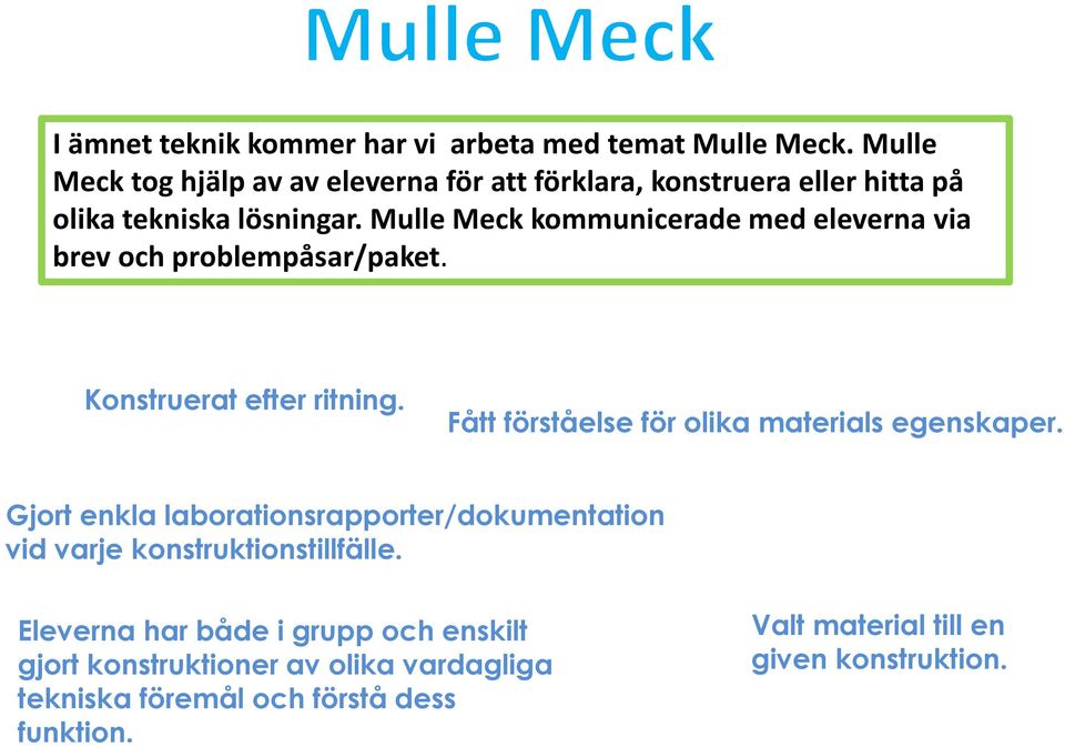 Mulle Meckkommunicerade med eleverna via brev och problempåsar/paket. Konstruerat efter ritning.
