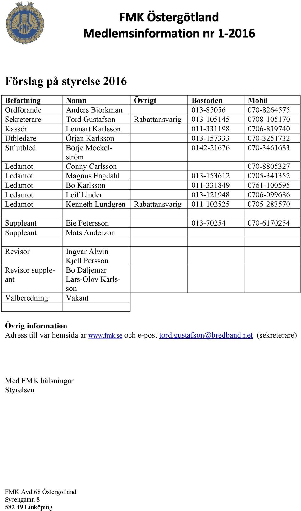 013-153612 0705-341352 Ledamot Bo Karlsson 011-331849 0761-100595 Ledamot Leif Linder 013-121948 0706-099686 Ledamot Kenneth Lundgren Rabattansvarig 011-102525 0705-283570 Suppleant Eie Petersson