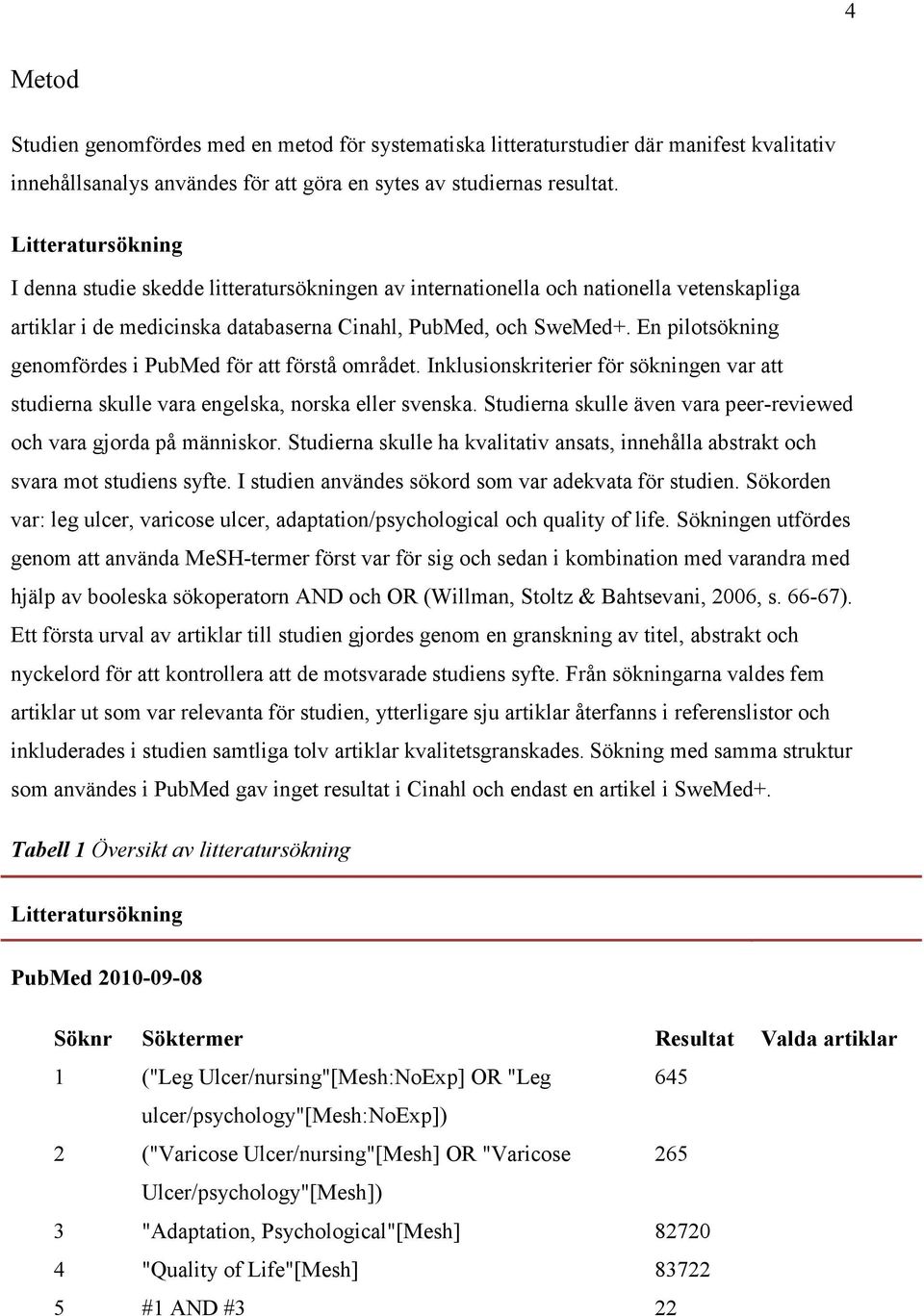 En pilotsökning genomfördes i PubMed för att förstå området. Inklusionskriterier för sökningen var att studierna skulle vara engelska, norska eller svenska.