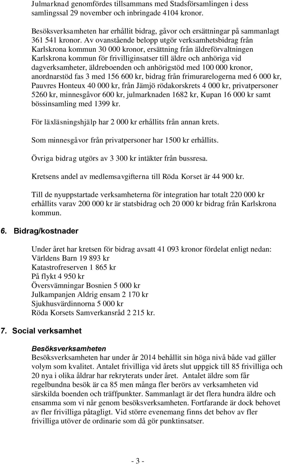 Av ovanstående belopp utgör verksamhetsbidrag från Karlskrona kommun 30 000 kronor, ersättning från äldreförvaltningen Karlskrona kommun för frivilliginsatser till äldre och anhöriga vid