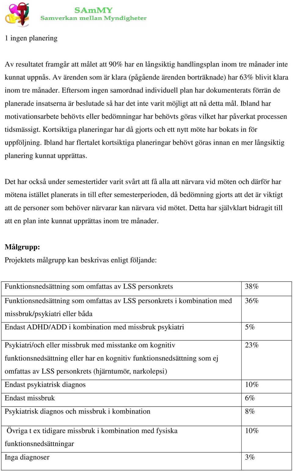 Eftersom ingen samordnad individuell plan har dokumenterats förrän de planerade insatserna är beslutade så har det inte varit möjligt att nå detta mål.