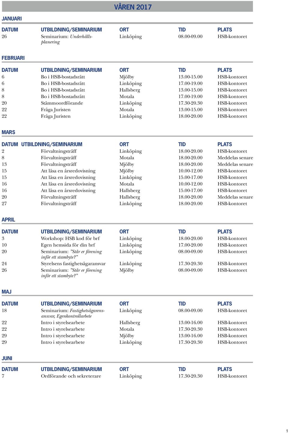 30 HSB-kontoret 22 Fråga Juristen Motala 13.00-15.00 HSB-kontoret 22 Fråga Juristen Linköping 18.00-20.00 HSB-kontoret MARS 2 Förvaltningsträff Linköping 18.00-20.00 HSB-kontoret 8 Förvaltningsträff Motala 18.