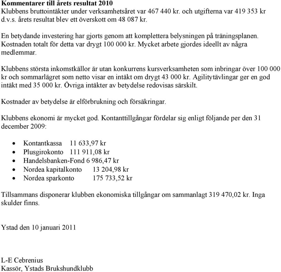 Klubbens största inkomstkällor är utan konkurrens kursverksamheten som inbringar över 100 000 kr och sommarlägret som netto visar en intäkt om drygt 43 000 kr.