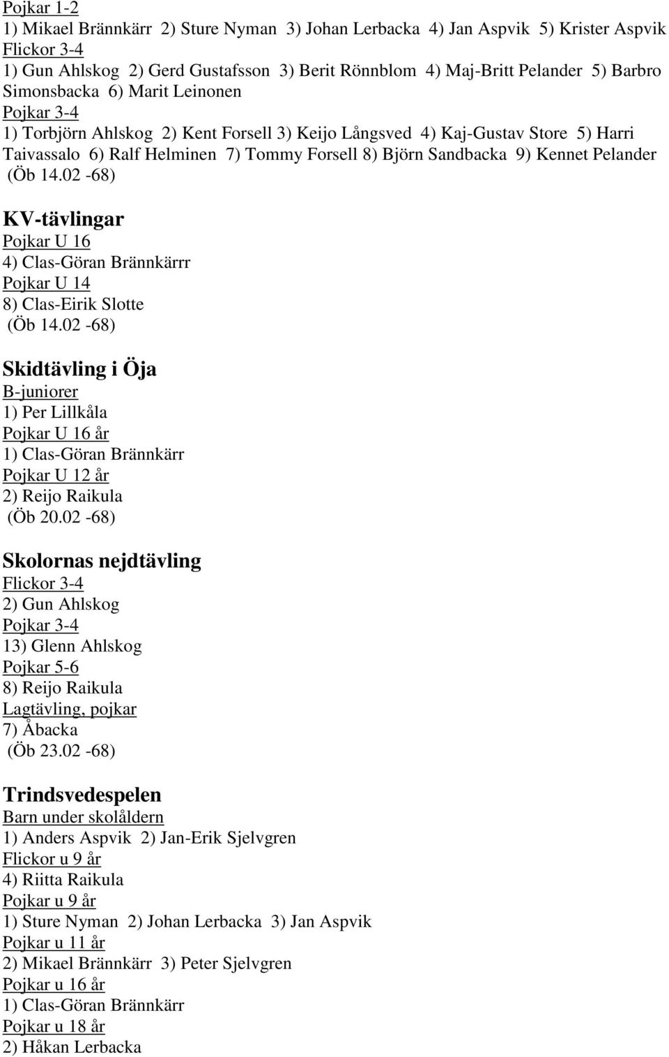Pelander (Öb 14.02-68) KV-tävlingar Pojkar U 16 4) Clas-Göran Brännkärrr Pojkar U 14 8) Clas-Eirik Slotte (Öb 14.