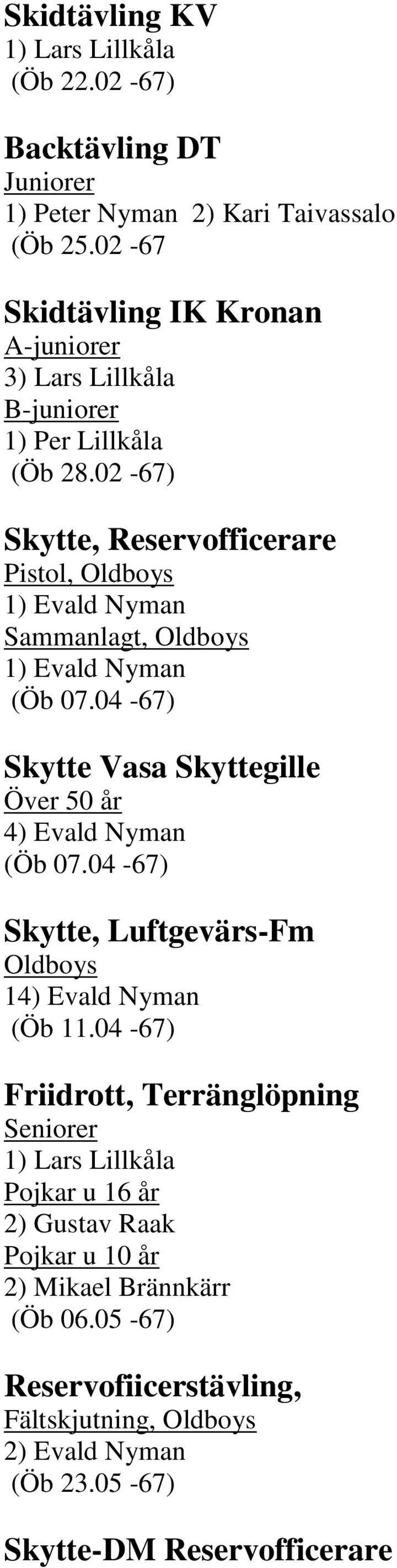 02-67) Skytte, Reservofficerare Pistol, Oldboys 1) Evald Nyman Sammanlagt, Oldboys 1) Evald Nyman (Öb 07.
