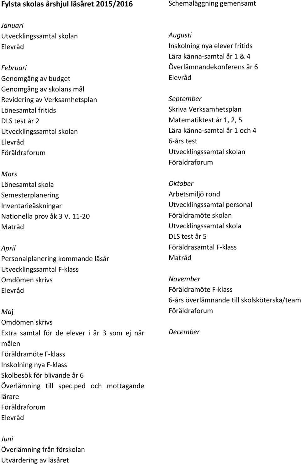 11-20 Matråd April Personalplanering kommande läsår Utvecklingssamtal F-klass Omdömen skrivs Elevråd Maj Omdömen skrivs Extra samtal för de elever i år 3 som ej når målen Föräldramöte F-klass