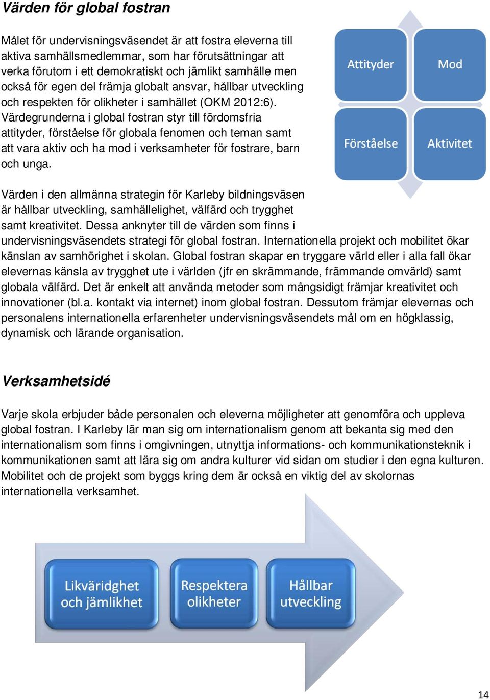 Värdegrunderna i global fostran styr till fördomsfria attityder, förståelse för globala fenomen och teman samt att vara aktiv och ha mod i verksamheter för fostrare, barn och unga.