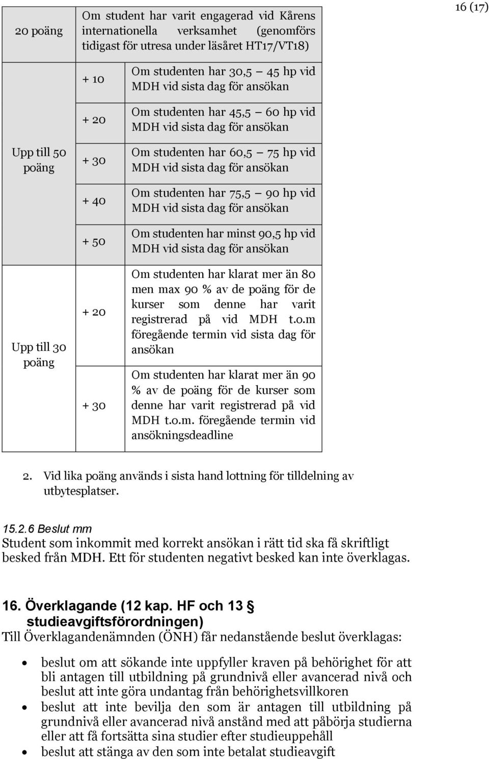 Om studenten har 75,5 90 hp vid MDH vid sista dag för ansökan Om studenten har minst 90,5 hp vid MDH vid sista dag för ansökan Om studenten har klarat mer än 80 men max 90 % av de poäng för de kurser