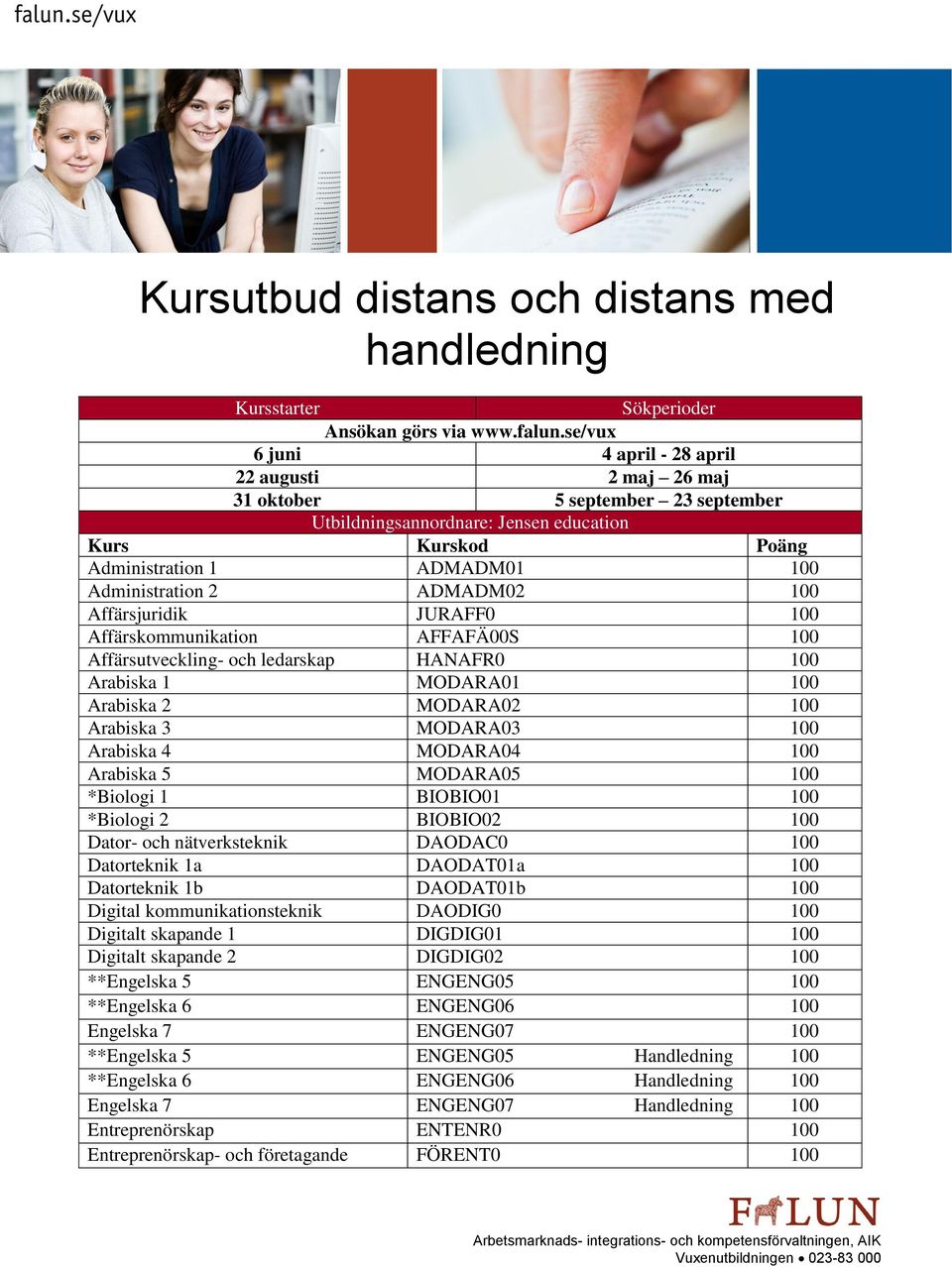 ADMADM02 100 Affärsjuridik JURAFF0 100 Affärskommunikation AFFAFÄ00S 100 Affärsutveckling- och ledarskap HANAFR0 100 Arabiska 1 MODARA01 100 Arabiska 2 MODARA02 100 Arabiska 3 MODARA03 100 Arabiska 4