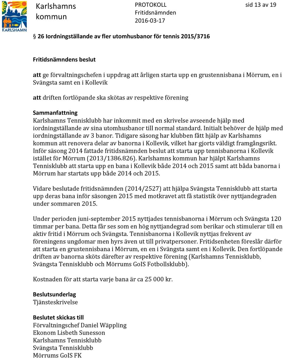 Initialt behöver de hjälp med iordningställande av 3 banor. Tidigare säsong har klubben fått hjälp av Karlshamns att renovera delar av banorna i Kollevik, vilket har gjorts väldigt framgångsrikt.