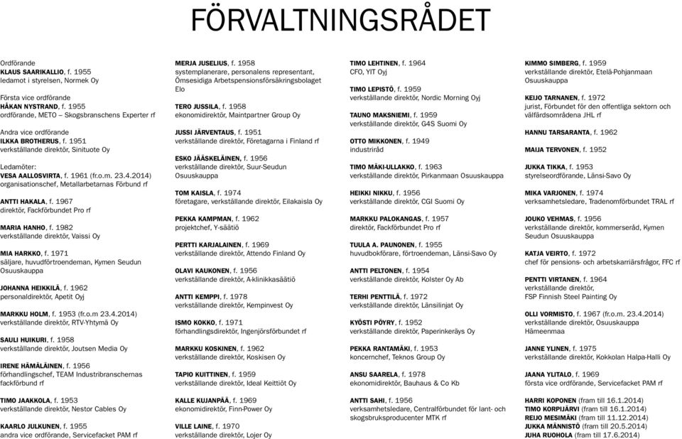 2014) organisationschef, Metallarbetarnas Förbund rf ANTTI HAKALA, f. 1967 direktör, Fackförbundet Pro rf MARIA HANHO, f. 1982 verkställande direktör, Vaissi Oy MIA HARKKO, f.
