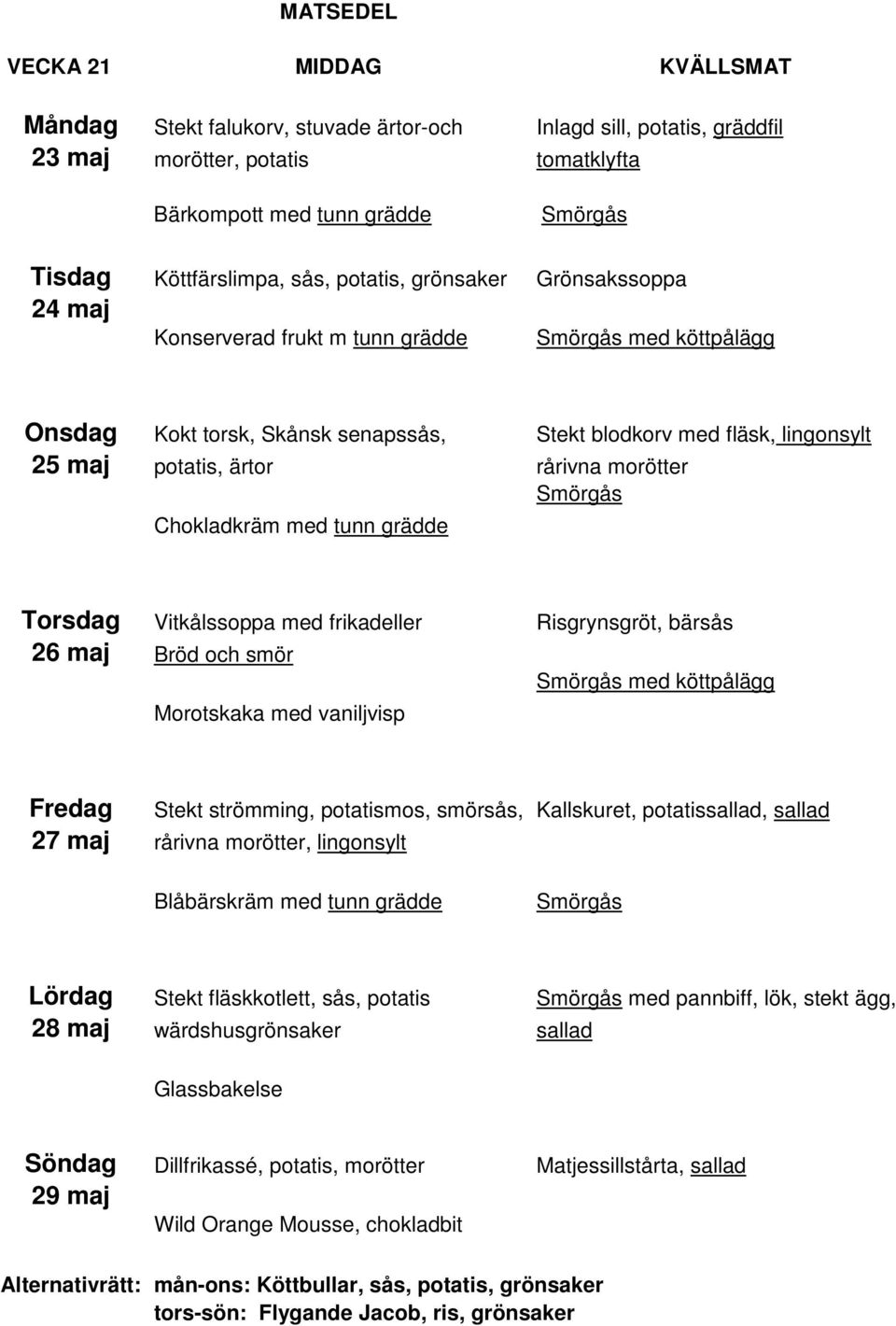 Chokladkräm med tunn grädde Torsdag Vitkålssoppa med frikadeller Risgrynsgröt, bärsås 26 maj Bröd och smör med köttpålägg Morotskaka med vaniljvisp Fredag 27 maj rårivna morötter, lingonsylt Stekt