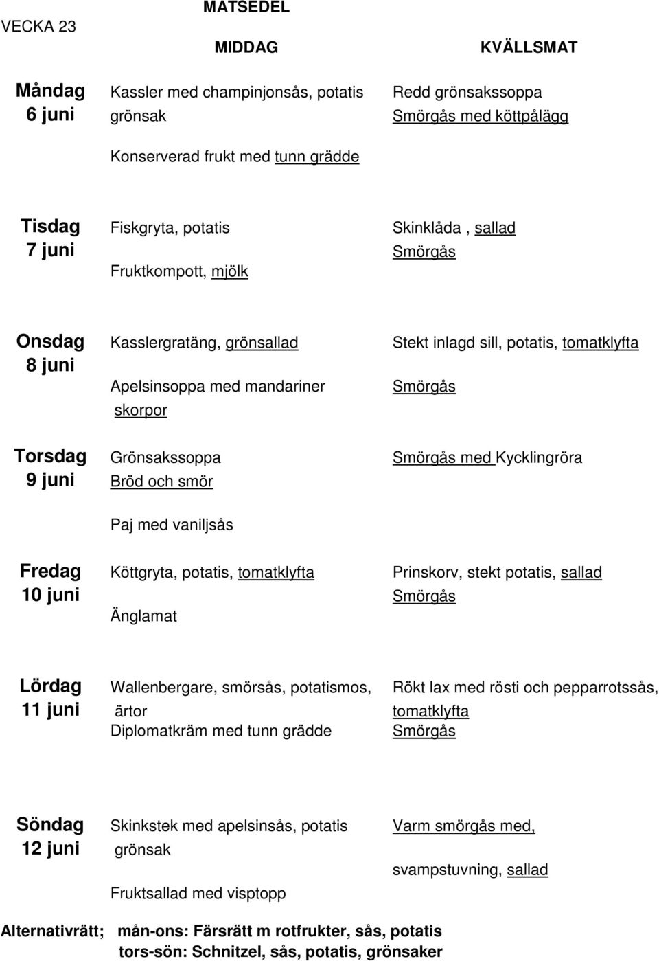 Bröd och smör Paj med vaniljsås Fredag Köttgryta, potatis, tomatklyfta Prinskorv, stekt potatis, sallad 10 juni Änglamat Lördag Wallenbergare, smörsås, potatismos, Rökt lax med rösti och