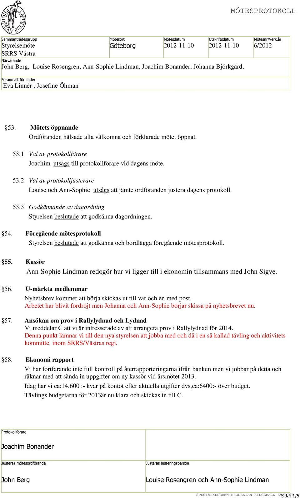 Föregående mötesprotokoll Styrelsen beslutade att godkänna och bordlägga föregående mötesprotokoll. 55. Kassör Ann-Sophie Lindman redogör hur vi ligger till i ekonomin tillsammans med John Sigve. 56.