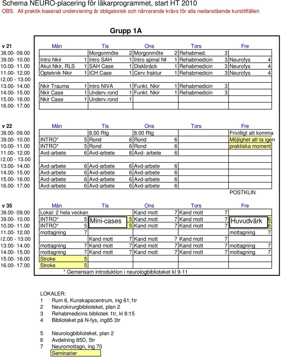 00-10.00 Intro Nkir 1 Intro SAH 1 Intro spinal NK 1 Rehabmedicin 3 Neurofys 4 10.00-11.00 Akut Nkir, RLS 1 SAH Case 1 Diskbråck 1 Rehabmedicin 3 Neurofys 4 11.00-12.00 Opteknik Nkir 1 ICH Case 1 Cerv.