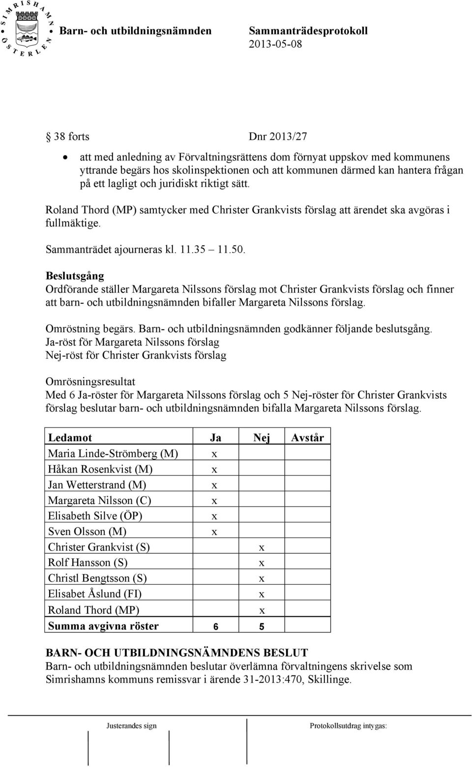 Beslutsgång Ordförande ställer Margareta Nilssons förslag mot Christer Grankvists förslag och finner att barn- och utbildningsnämnden bifaller Margareta Nilssons förslag. Omröstning begärs.