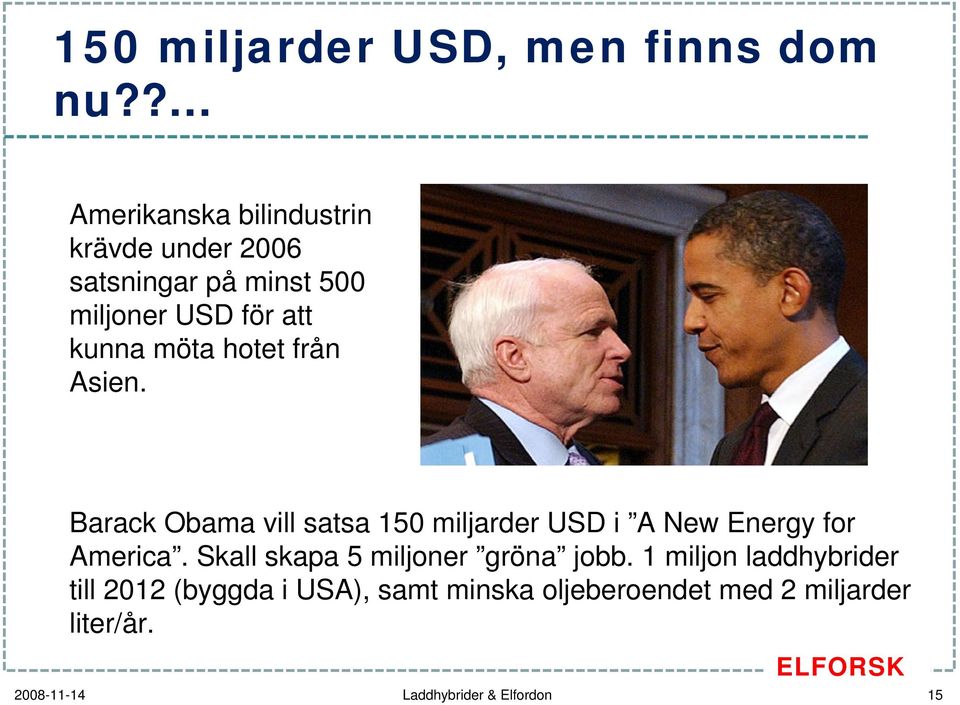 möta hotet från Asien. Barack Obama vill satsa 150 miljarder USD i A New Energy for America.