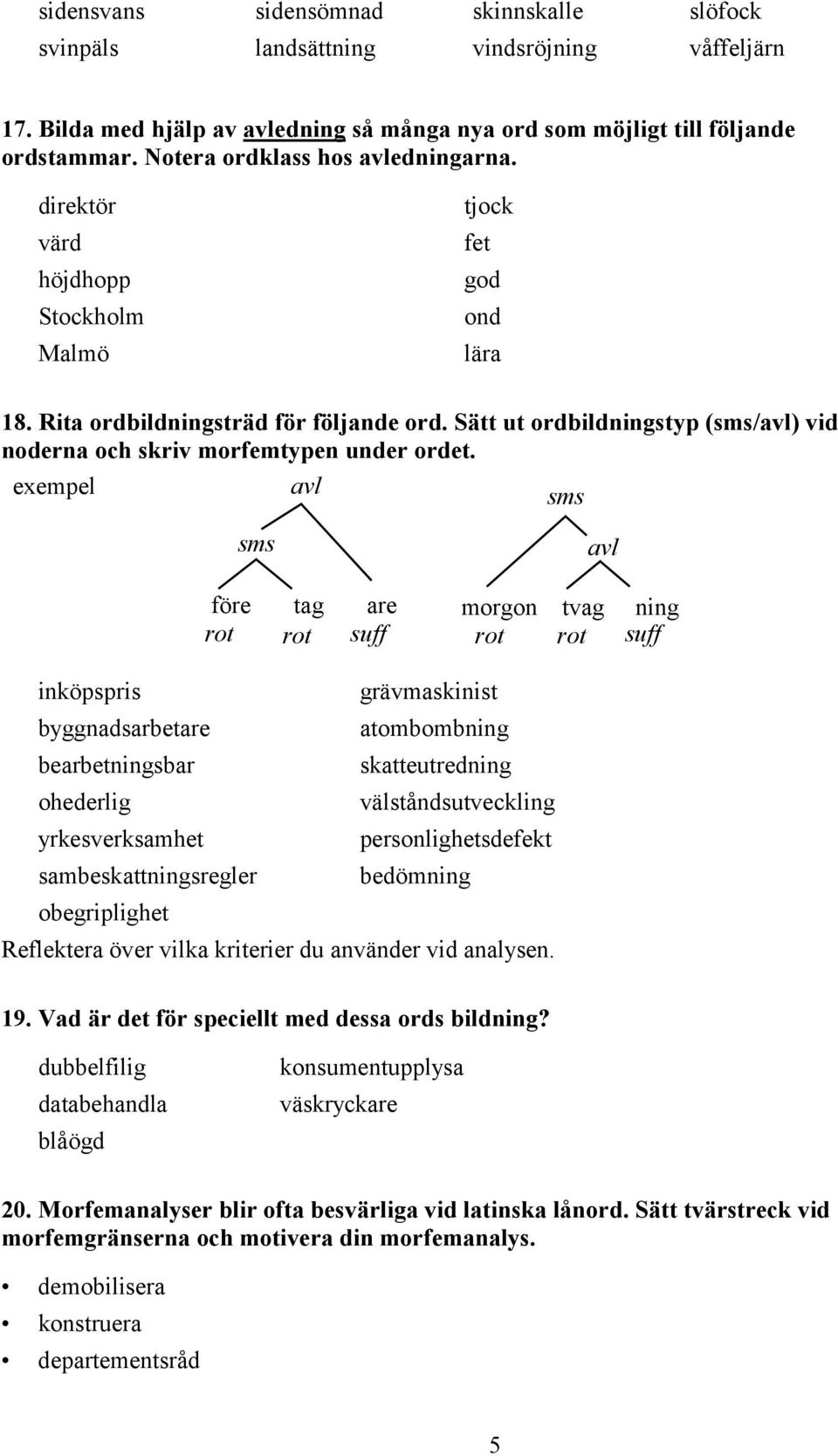 Sätt ut ordbildningstyp (sms/avl) vid noderna och skriv morfemtypen under ordet.