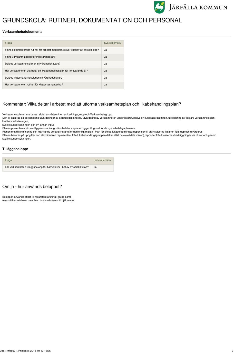 Har verksamheten rutiner för klagomålshantering? Kommentar: Vilka deltar i arbetet med att utforma verksamhetsplan och likabehandlingsplan?