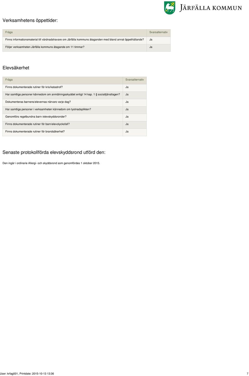 Dokumenteras barnens/elevernas närvaro varje dag? Har samtliga personer i verksamheten kännedom om tystnadsplikten? Genomförs regelbundna barn-/elevskyddsronder?