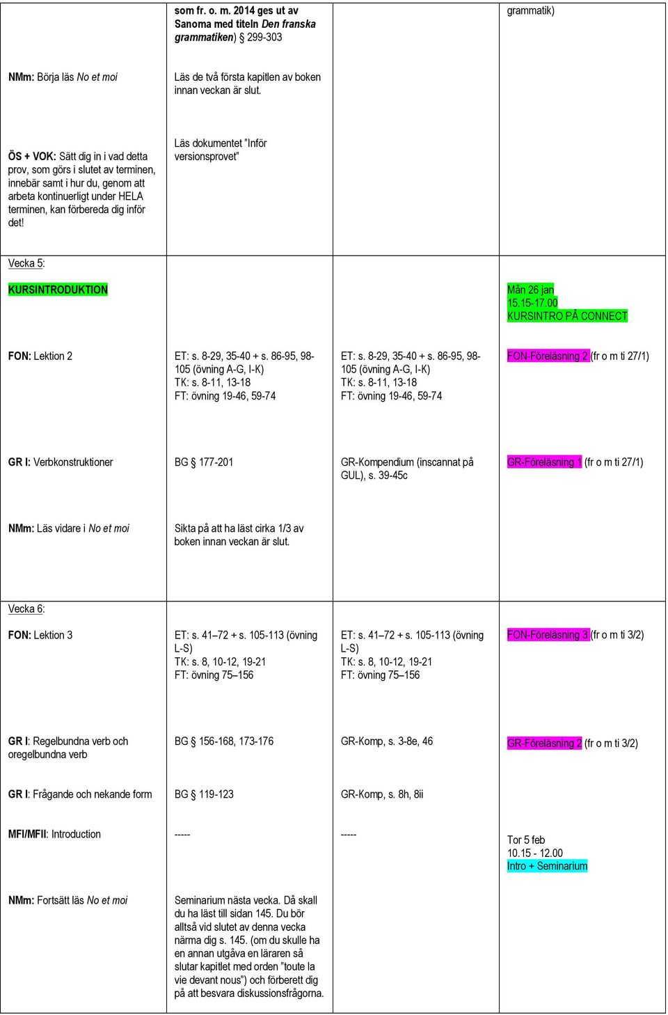 Läs dokumentet Inför versionsprovet Vecka 5: KURSINTRODUKTION Mån 26 jan KURSINTRO PÅ CONNECT FON: Lektion 2 ET: s. 8-29, 35-40 + s. 86-95, 98-105 (övning A-G, I-K) TK: s.