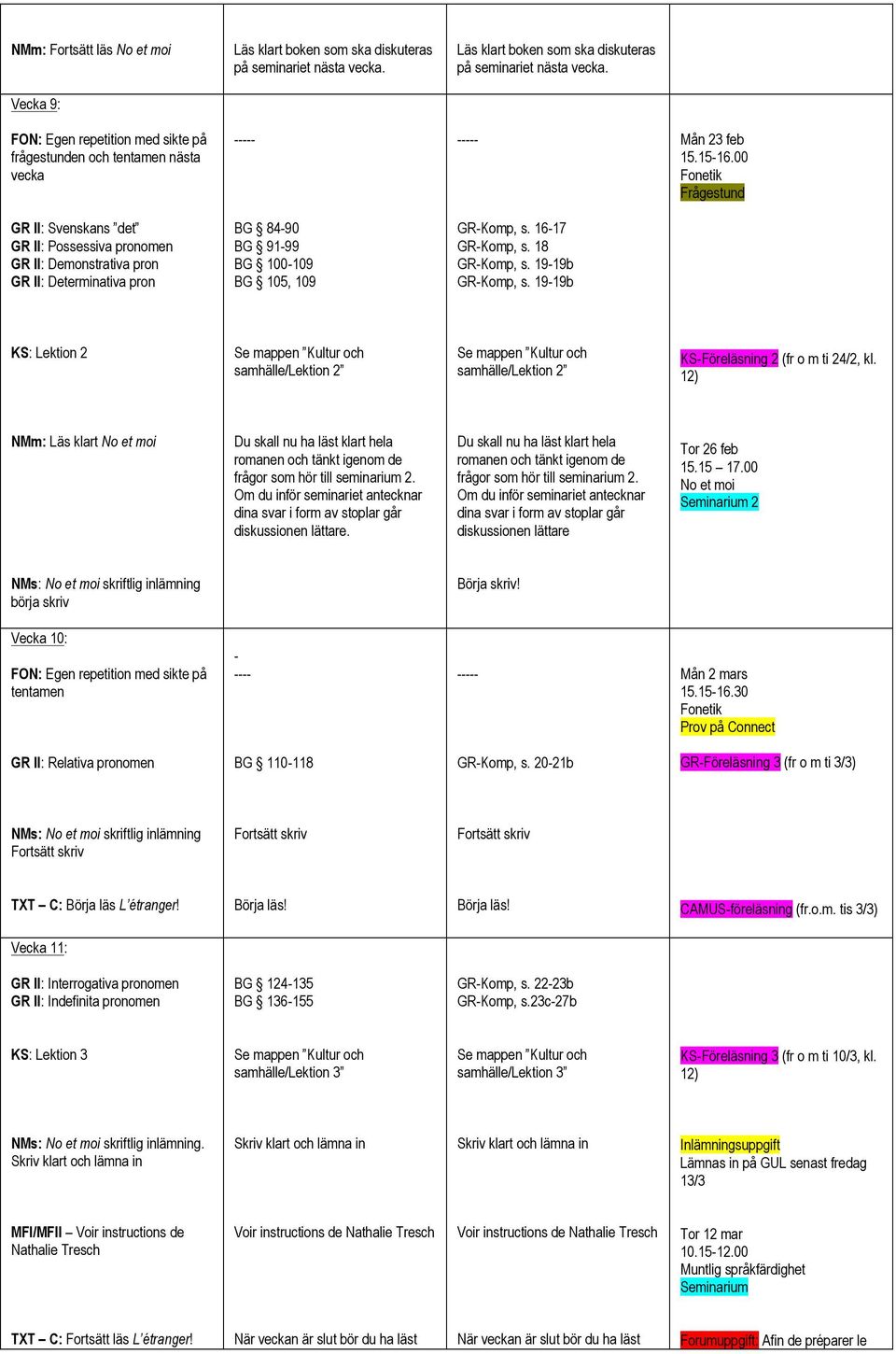 Vecka 9: FON: Egen repetition med sikte på frågestunden och tentamen nästa vecka Mån 23 feb Fonetik GR II: Svenskans det GR II: Possessiva pronomen GR II: Demonstrativa pron GR II: Determinativa pron