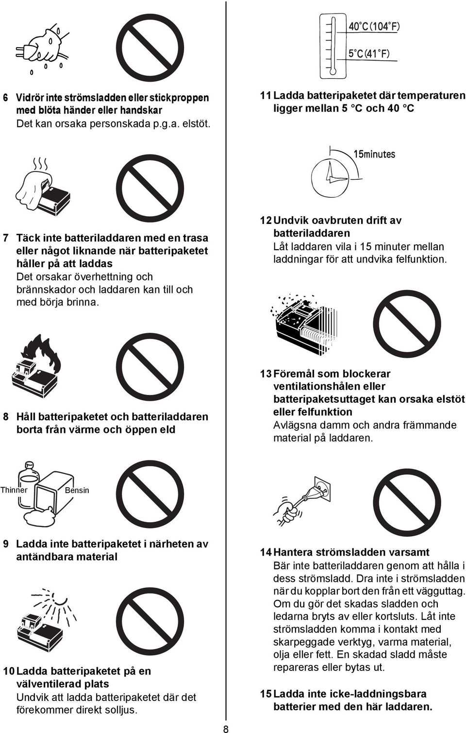 brännskador och laddaren kan till och med börja brinna. 12 Undvik oavbruten drift av batteriladdaren Låt laddaren vila i 15 minuter mellan laddningar för att undvika felfunktion.