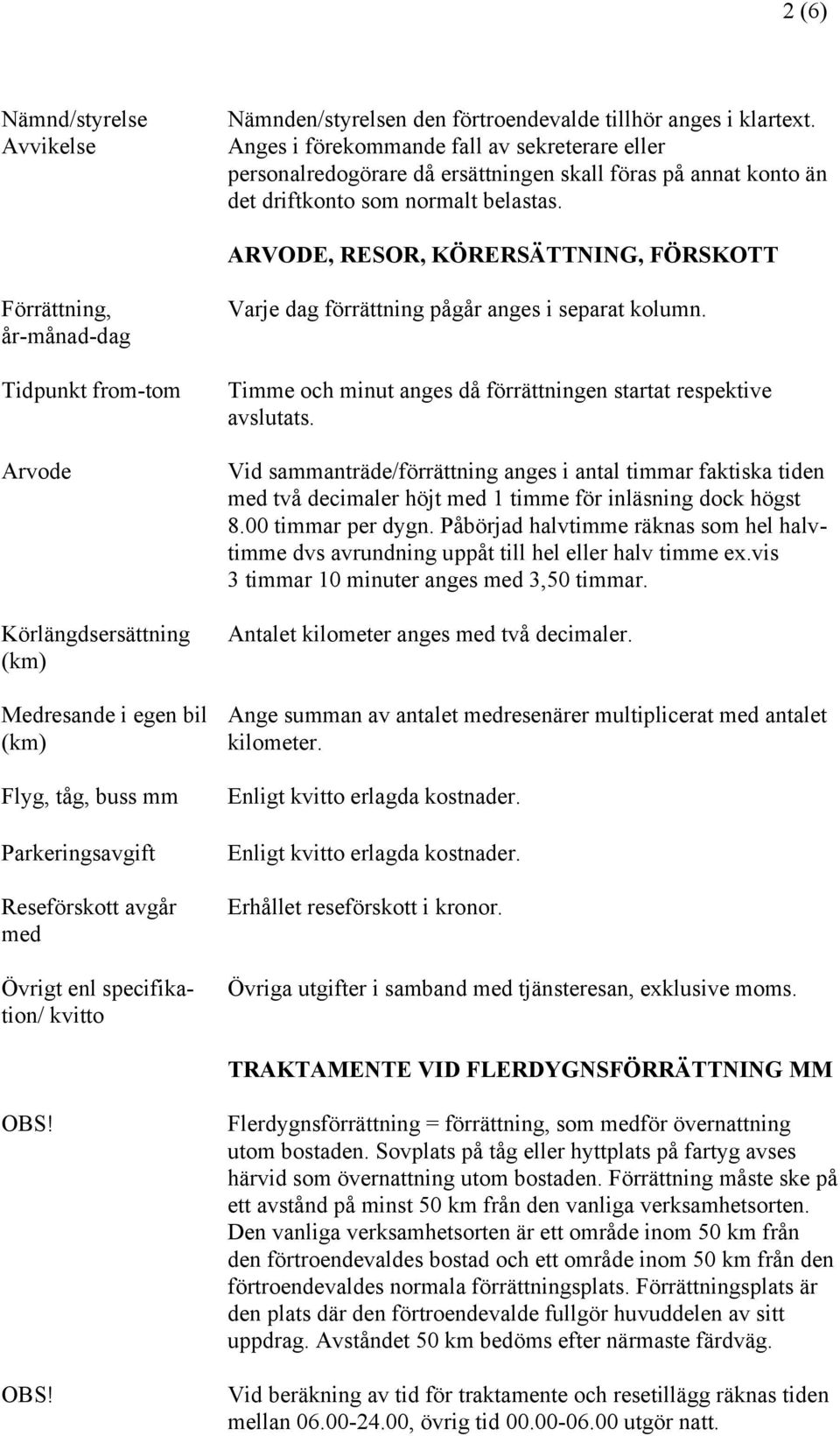 ARVODE, RESOR, KÖRERSÄTTNING, FÖRSKOTT Förrättning, år-månad-dag Tidpunkt from-tom Arvode Körlängdsersättning (km) Medresande i egen bil (km) Flyg, tåg, buss mm Parkeringsavgift Reseförskott avgår