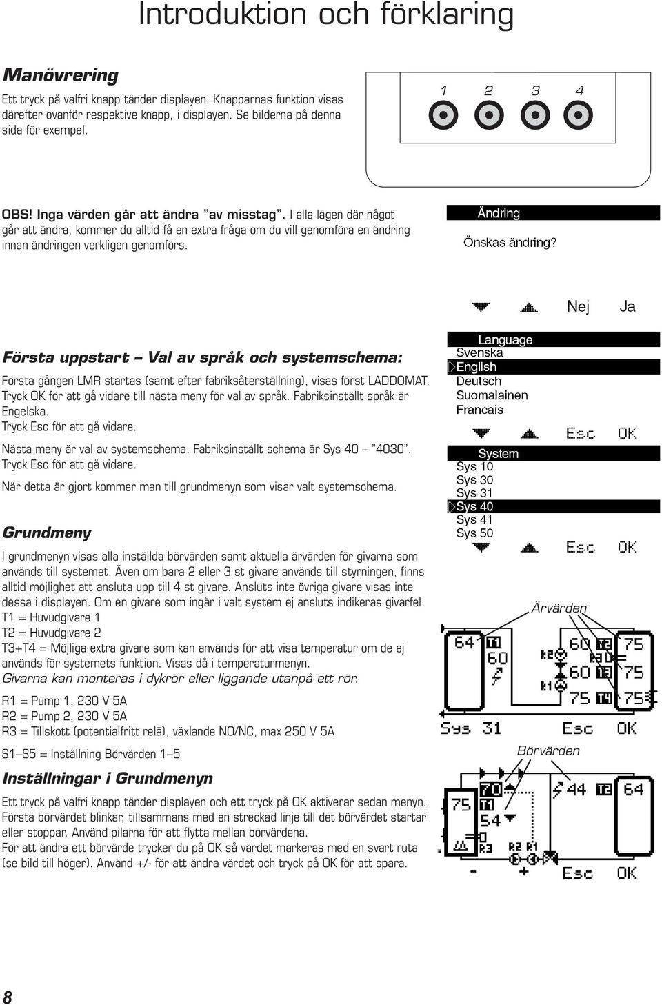 Första uppstart Val av språk och systemschema: Första gången LMR startas (samt efter fabriksåterställning), visas först LADDOMAT. Tryck OK för att gå vidare till nästa meny för val av språk.