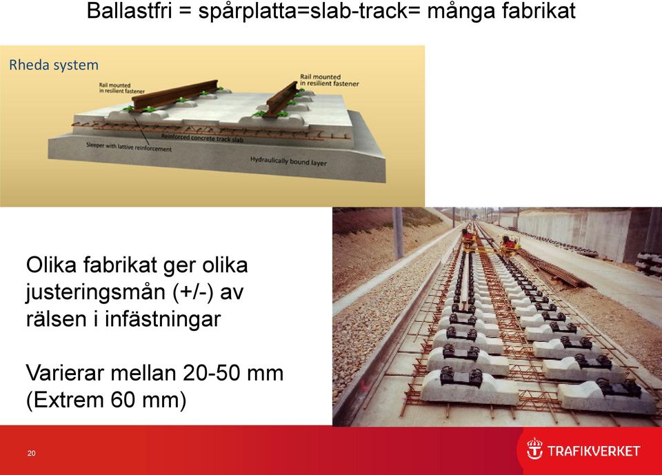 olika justeringsmån (+/-) av rälsen i