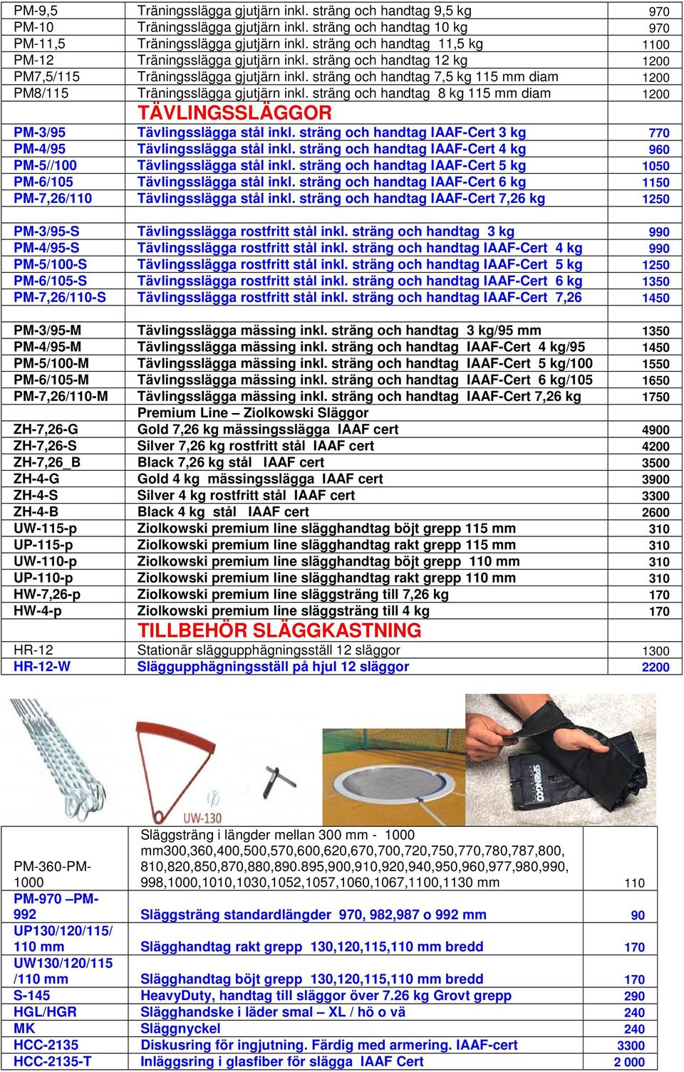 sträng och handtag 7,5 kg 115 mm diam 1200 PM8/115 Träningsslägga gjutjärn inkl. sträng och handtag 8 kg 115 mm diam 1200 TÄVLINGSSLÄGGOR PM-3/95 Tävlingsslägga stål inkl.