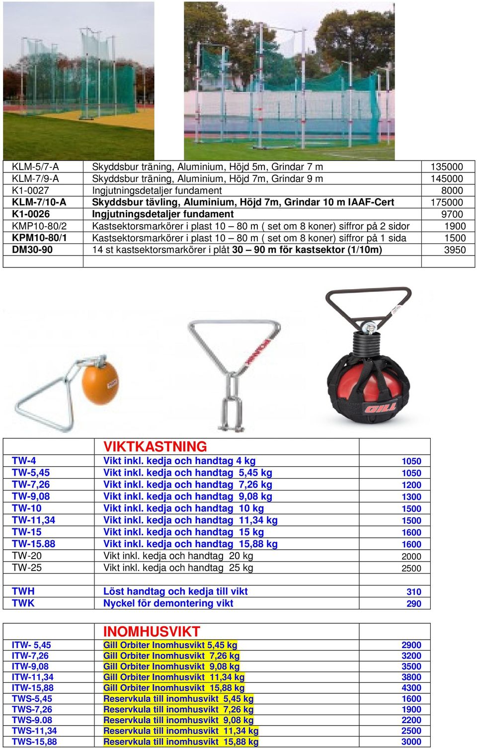 KPM10-80/1 Kastsektorsmarkörer i plast 10 80 m ( set om 8 koner) siffror på 1 sida 1500 DM30-90 14 st kastsektorsmarkörer i plåt 30 90 m för kastsektor (1/10m) 3950 VIKTKASTNING TW-4 Vikt inkl.