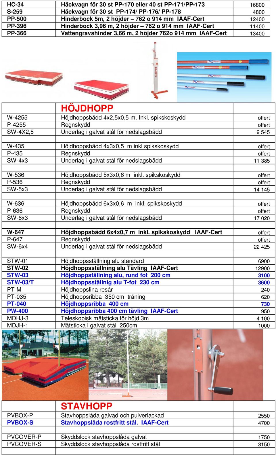 spikskoskydd offert P-4255 Regnskydd offert SW-4X2,5 Underlag i galvat stål för nedslagsbädd 9 545 W-435 Höjdhoppsbädd 4x3x0,5 m inkl spikskoskydd offert P-435 Regnskydd offert SW-4x3 Underlag i