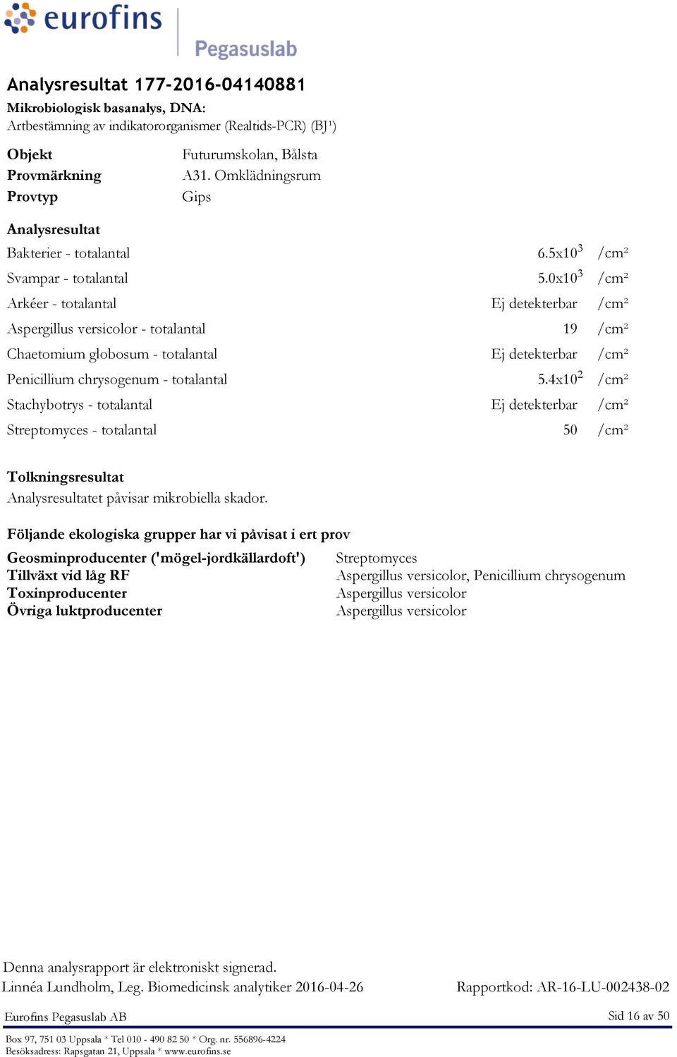 Följande ekologiska grupper har vi påvisat i ert prov Geosminproducenter ('mögel-jordkällardoft')