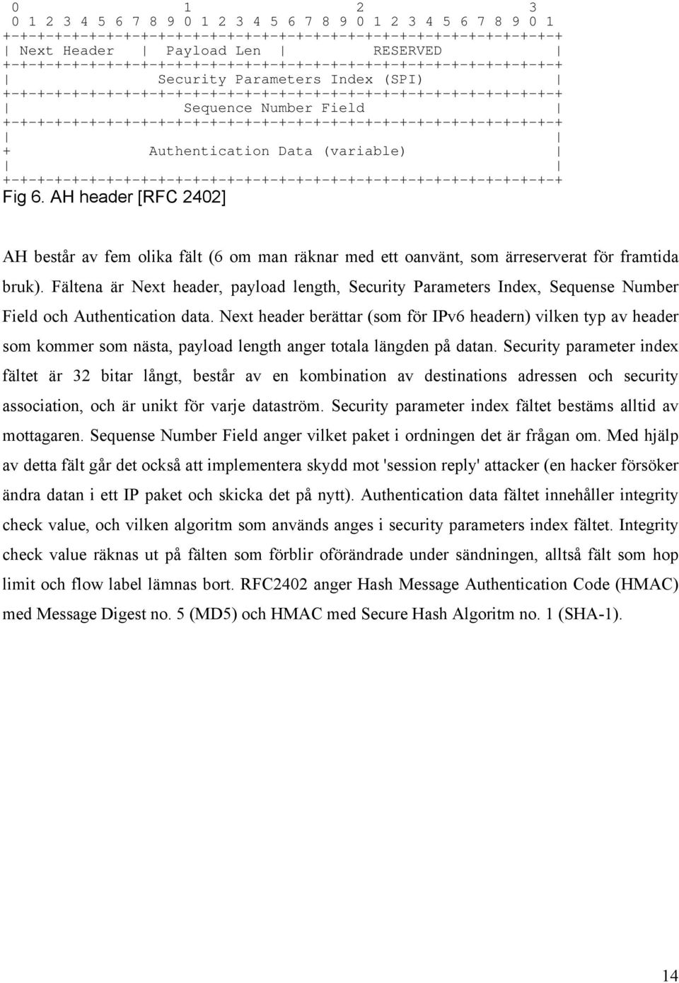 Field och Authentication data Next header berättar (som för IPv6 headern) vilken typ av header som kommer som nästa, payload length anger totala längden på datan Security parameter index fältet är 32