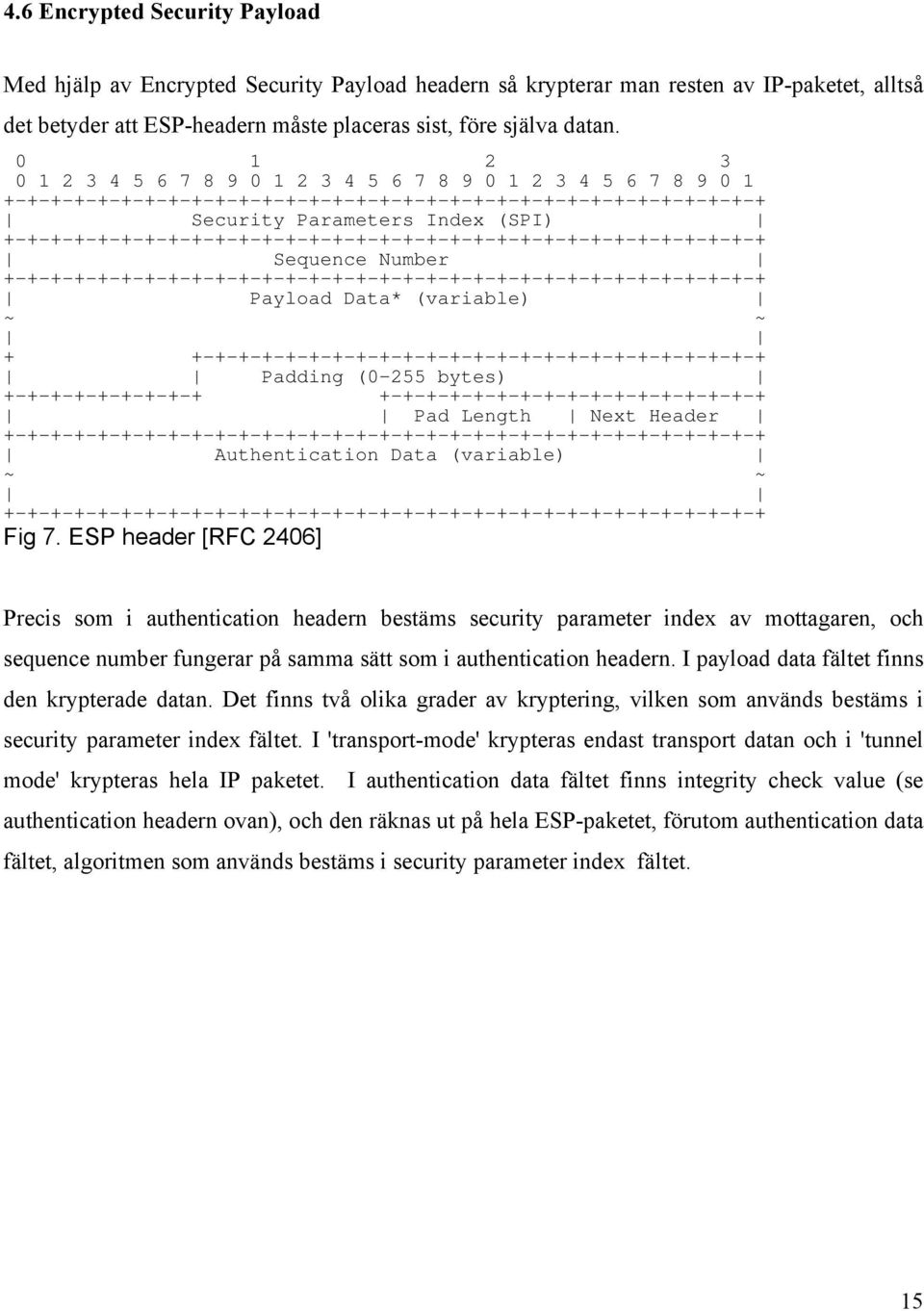 ---------------- Pad Length Next Header ~ Authentication Data (variable) ~ Fig 7 ESP header [RFC 2406] Precis som i authentication headern bestäms security parameter index av mottagaren, och sequence