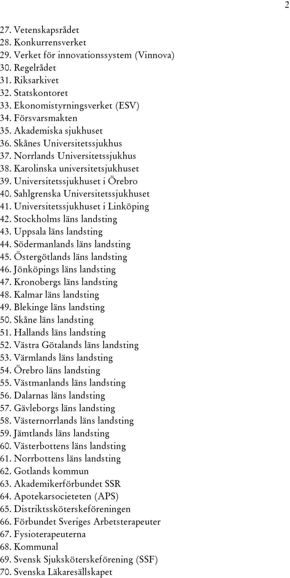 Universitetssjukhuset i Linköping 42. Stockholms läns landsting 43. Uppsala läns landsting 44. Södermanlands läns landsting 45. Östergötlands läns landsting 46. Jönköpings läns landsting 47.