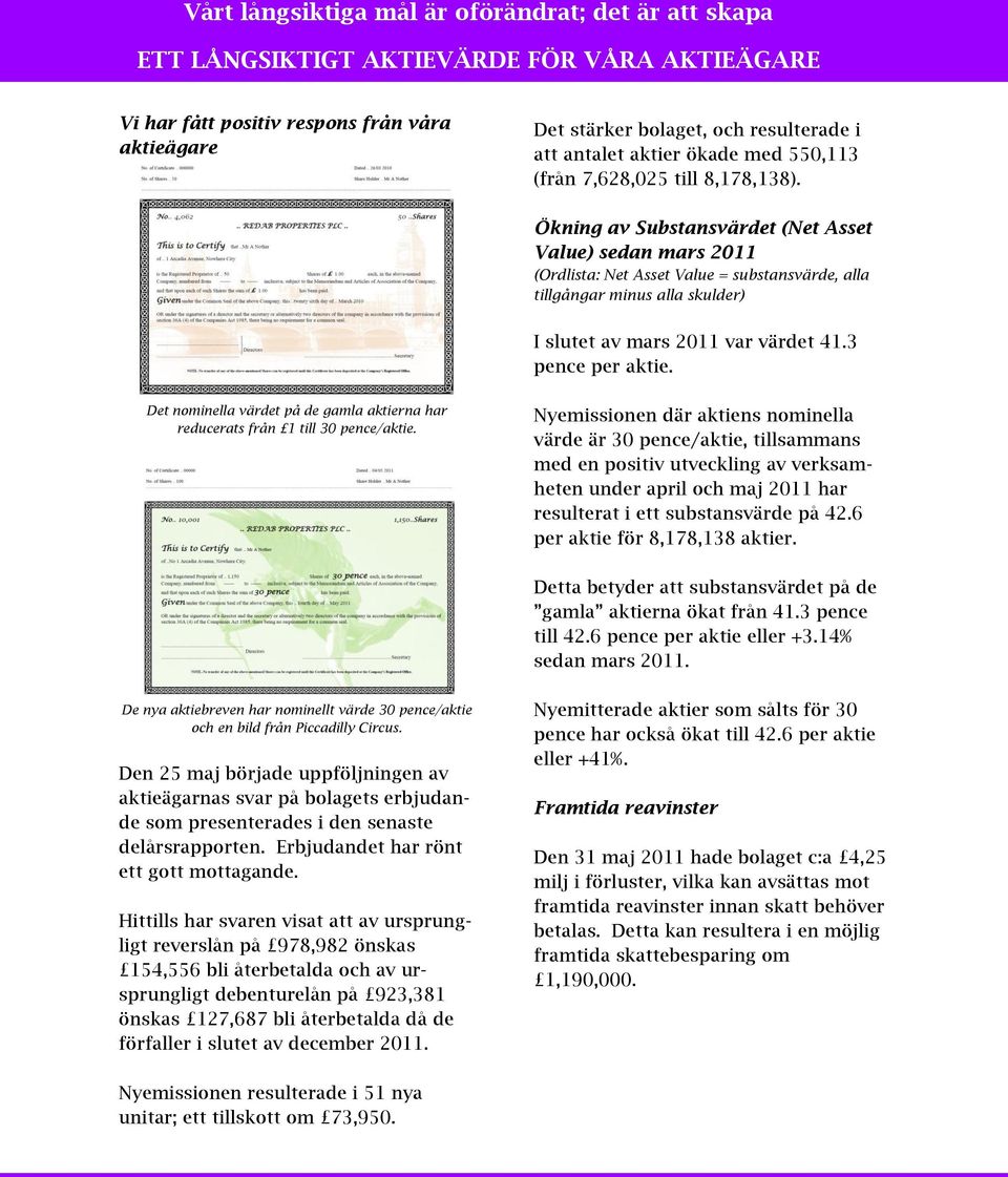 Ökning av Substansvärdet (Net Asset Value) sedan mars 2011 (Ordlista: Net Asset Value = substansvärde, alla tillgångar minus alla skulder) I slutet av mars 2011 var värdet 41.3 pence per aktie.